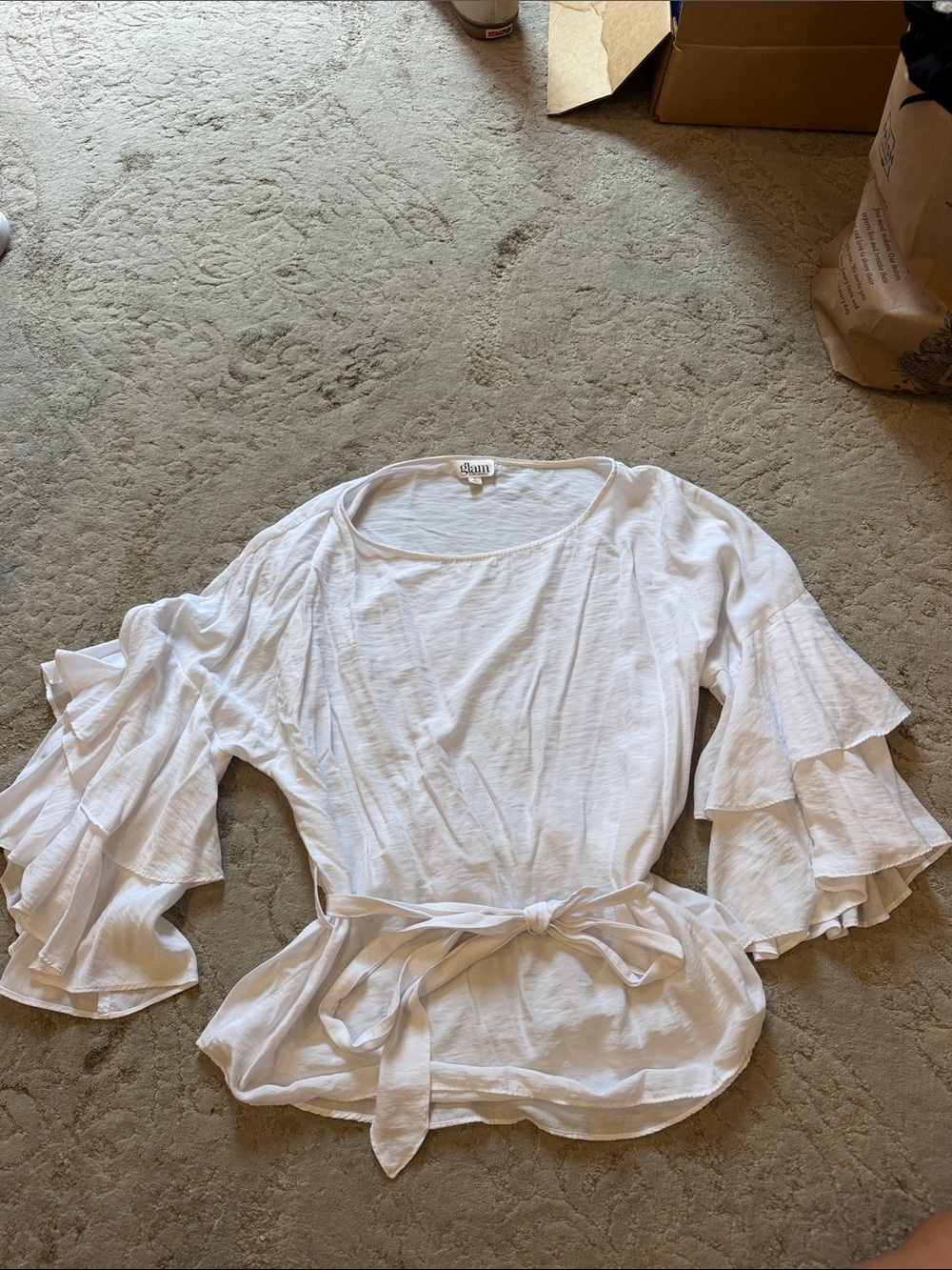 glam White Ruffle-Sleeve Tie-Waist Blouse